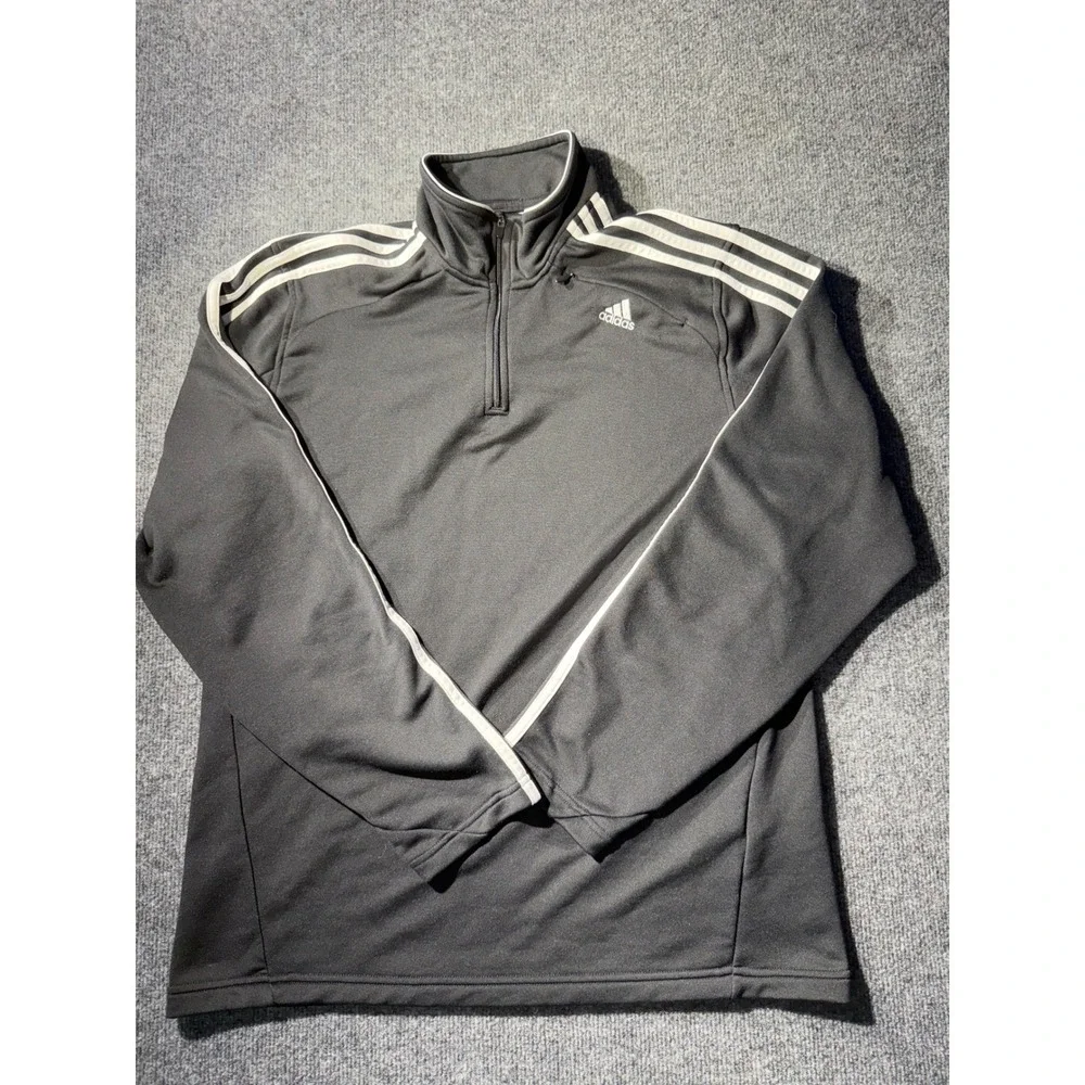 Adidas Mens Quarter Zip Track Jacket Black White 3 Stripe Pullover Large L